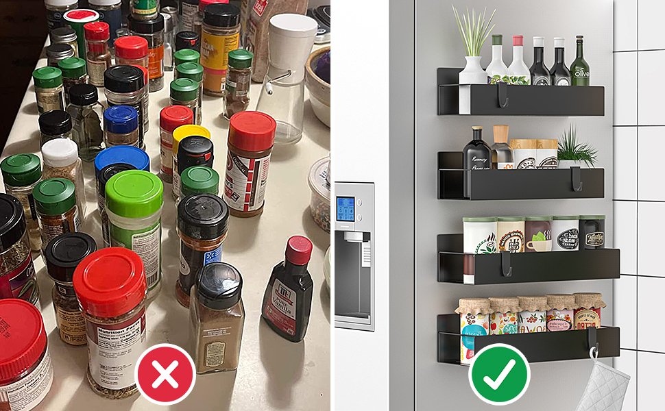 Four black metal spice racks mounted on a tiled wall, holding various bottles and jars. A red X is on a cluttered countertop with spice jars on the left.