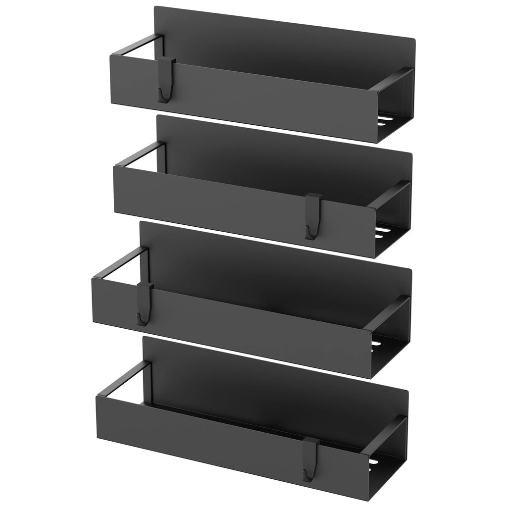 Four black metal magnetic spice racks with hooks, shown from a slight angle against a white background.
