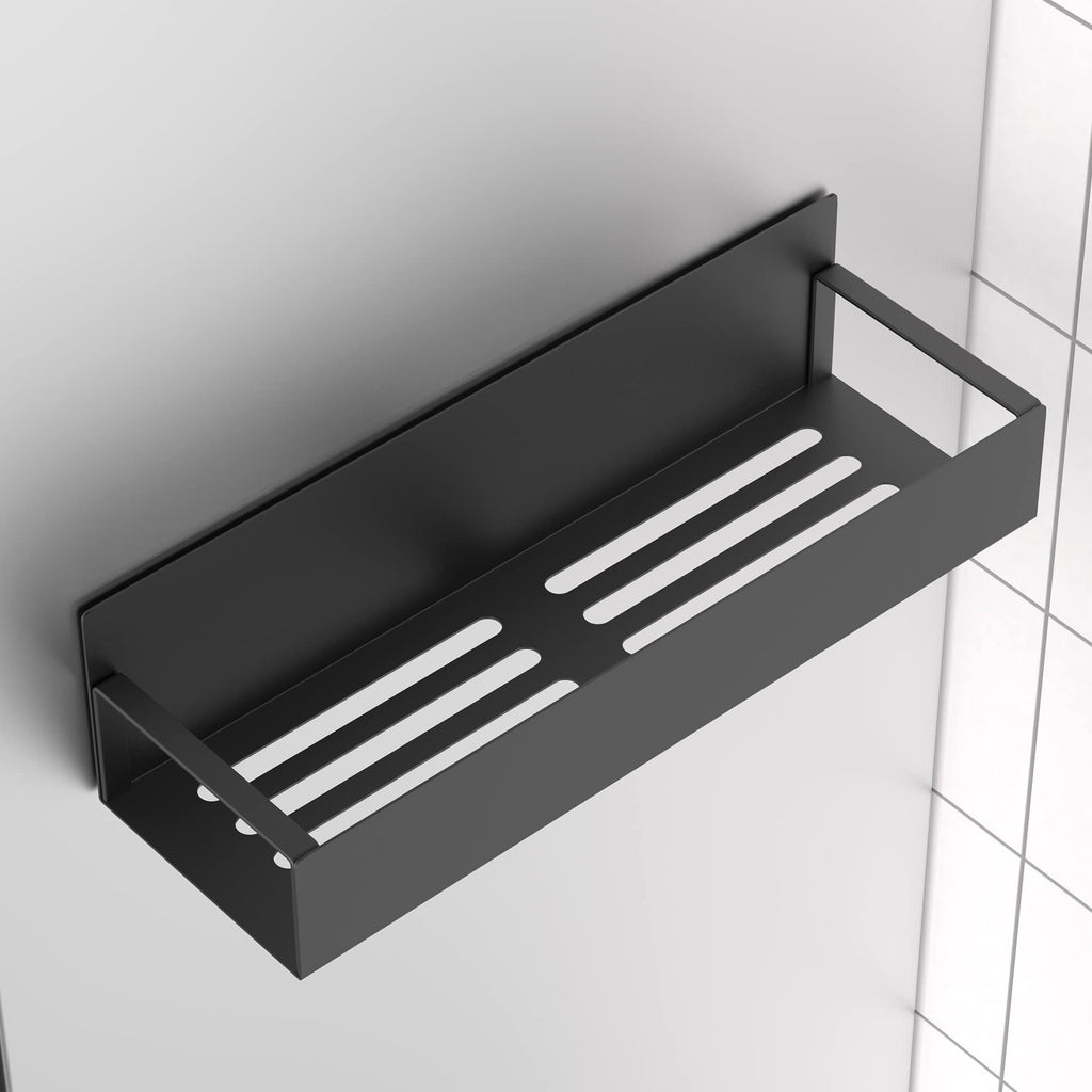 Black metal magnetic spice rack with slatted shelf attached to a white tiled wall