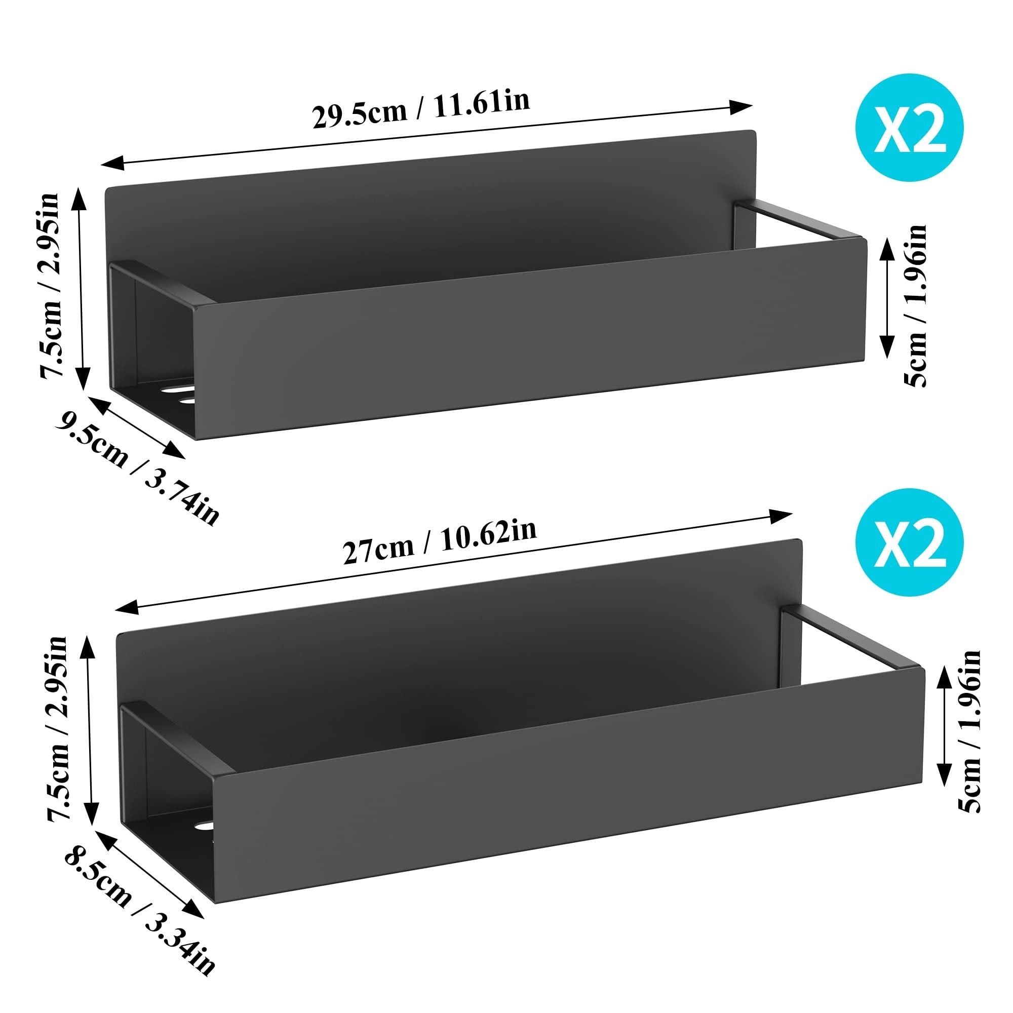 Two black metal magnetic spice racks shown from a slight angle, with dimensions labeled in cm and inches.
