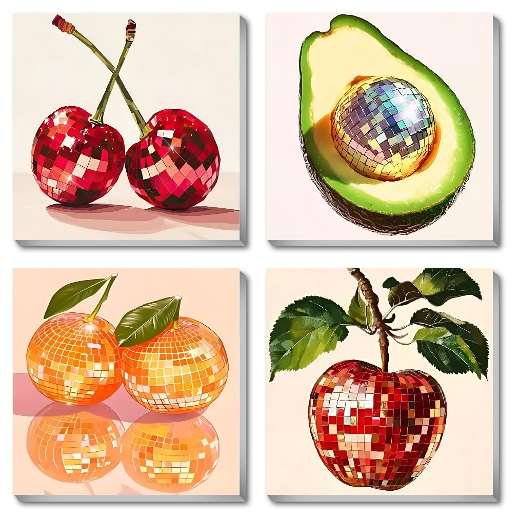 Four square canvases each depicting a different fruit made of disco ball facets: cherries, avocado with disco ball, oranges, and an apple.