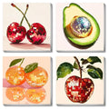 Four square canvases each depicting a different fruit made of disco ball facets: cherries, avocado with disco ball, oranges, and an apple.