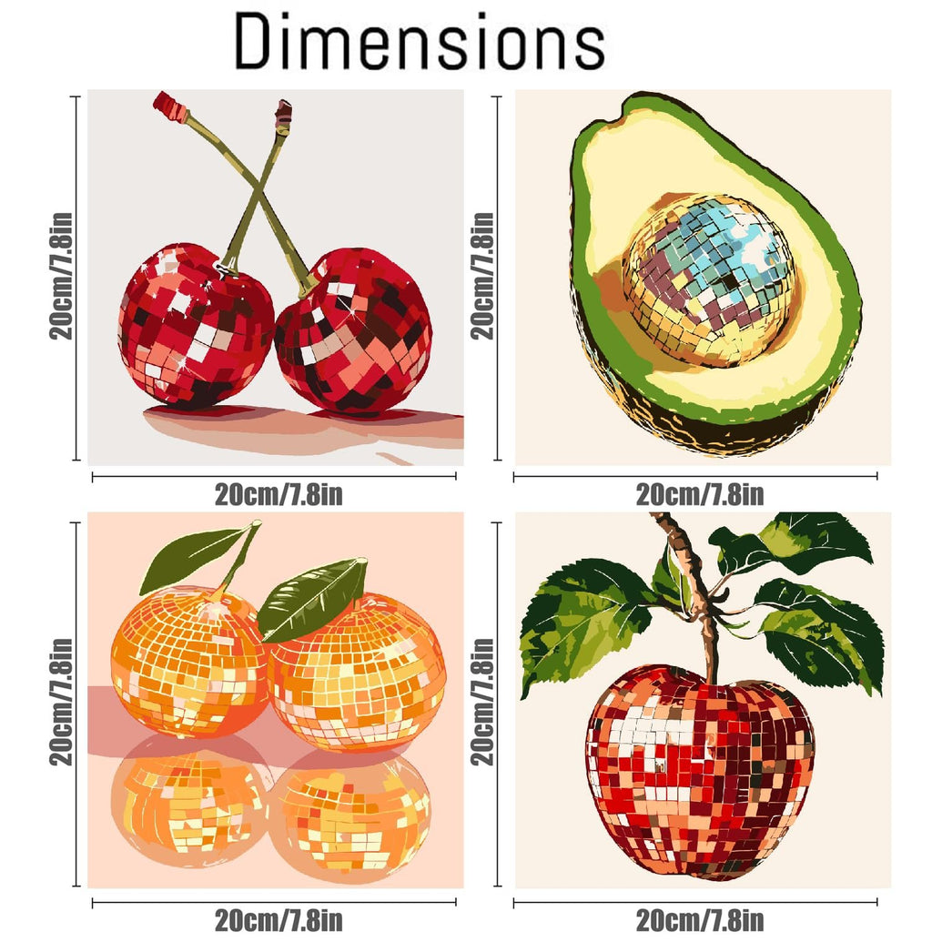 Four paint by number kit designs showing disco ball fruit: cherries, avocado, oranges, and apple, with dimensions indicated.