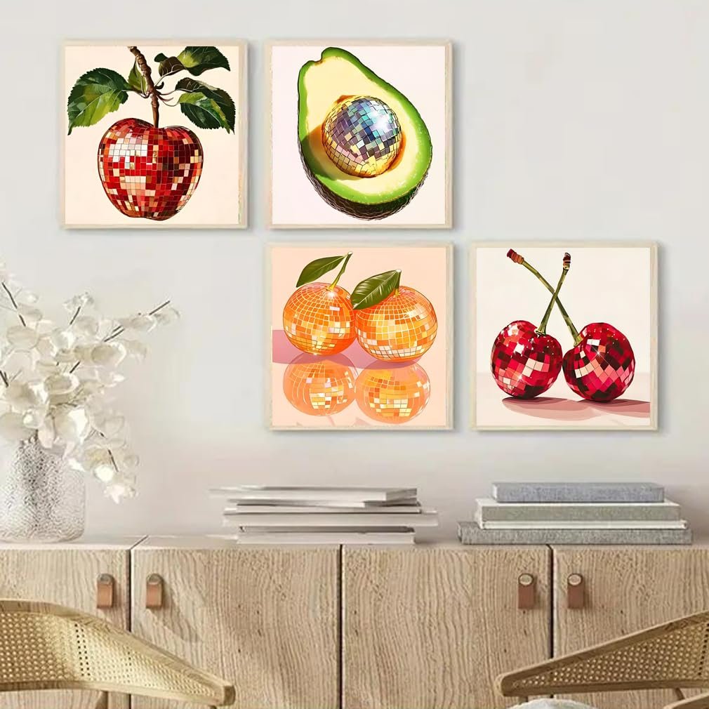 Four framed paint by number art pieces featuring disco ball fruits: apple, avocado, oranges, and cherries.