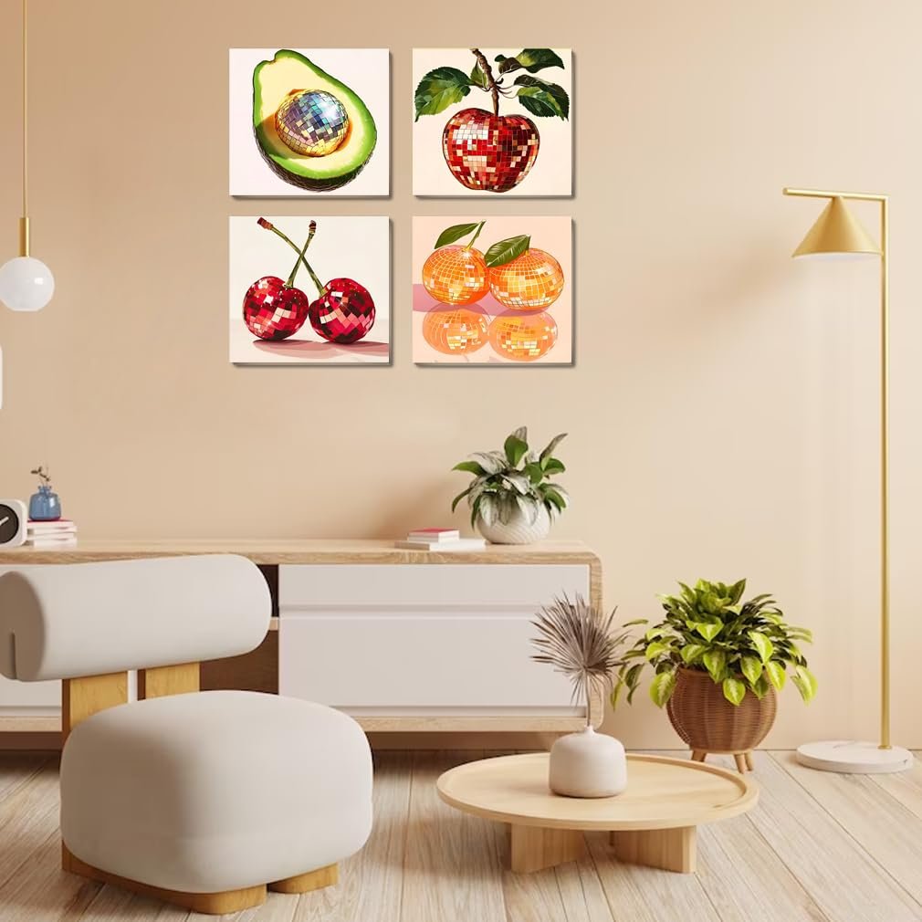 Four framed paint by number art pieces featuring disco ball fruits: avocado, apple, cherries, and oranges, displayed on a wall above a credenza.