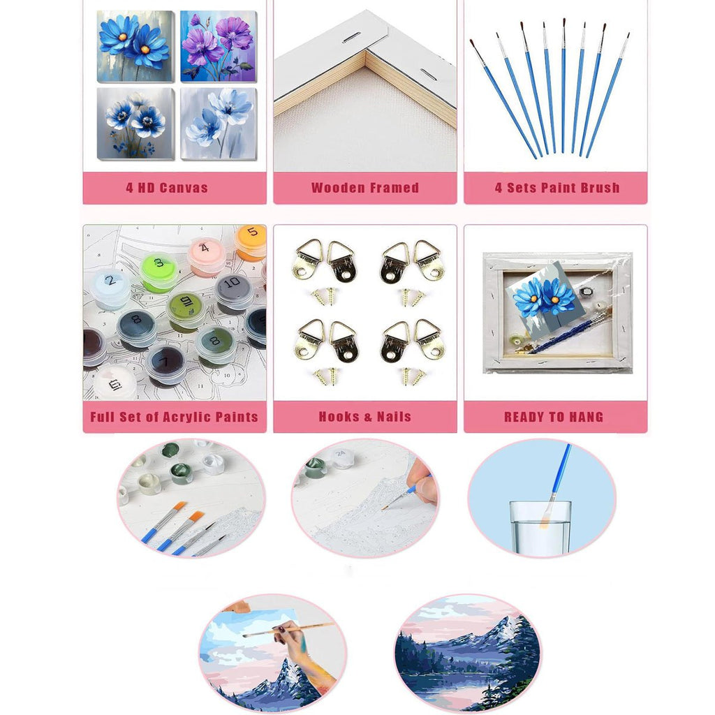 Collage of paint by numbers kit components: four floral canvases, wooden frame, paint brushes, acrylic paint pots, hooks, nails, and framed canvas.