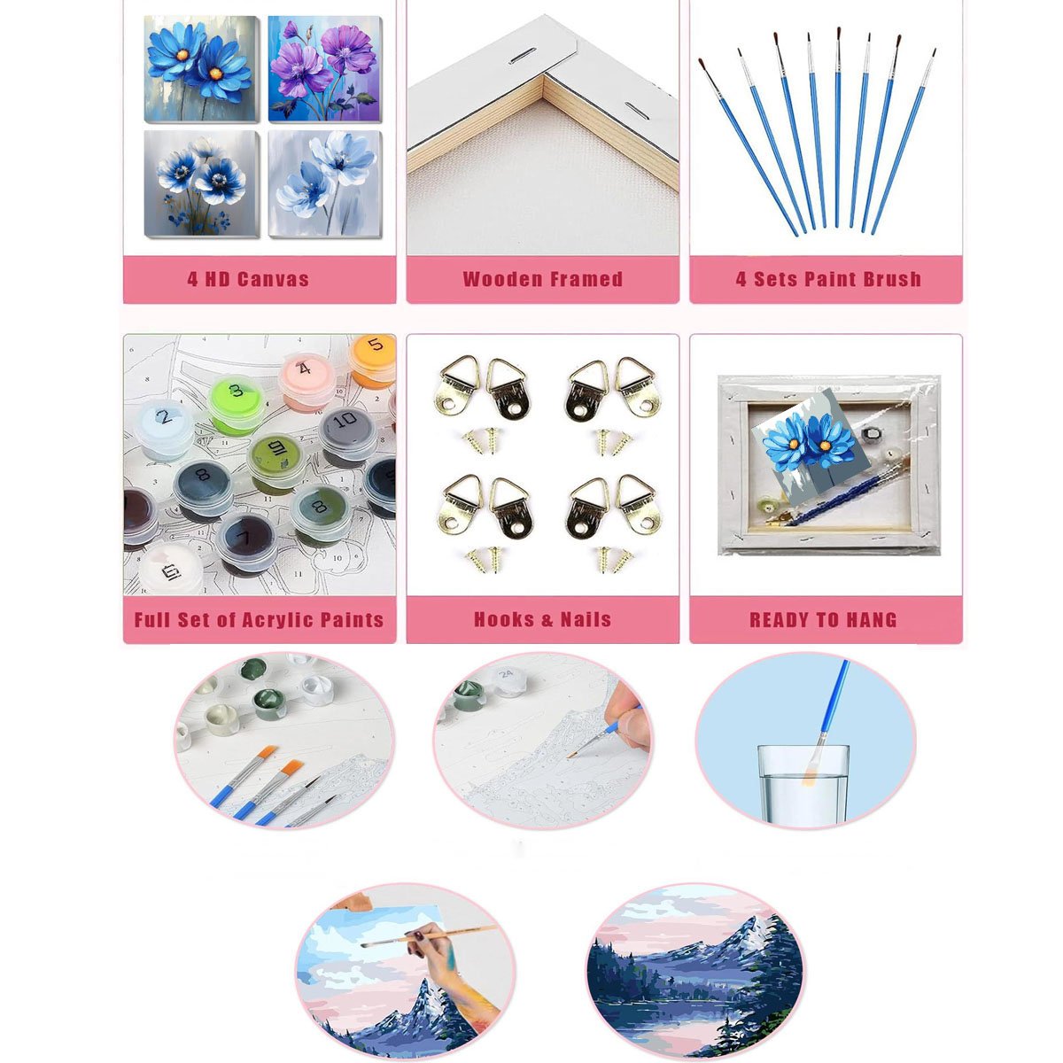 Collage of paint by numbers kit components: four floral canvases, wooden frame, paint brushes, acrylic paint pots, hooks, nails, and framed canvas.