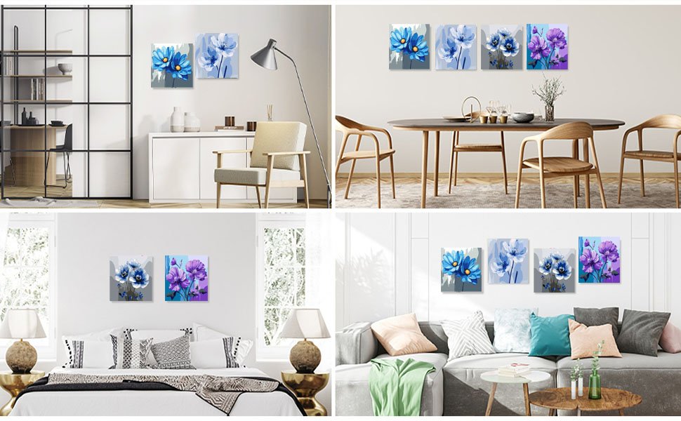 Four framed paint by numbers canvases with floral designs displayed in different home settings.