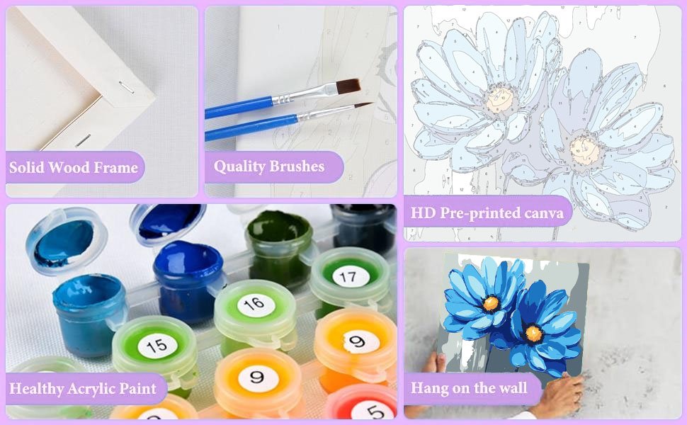 Collage of paint by numbers kit components: framed canvas corner, brushes, pre-printed canvas, acrylic paint pots, and a finished painting being held.