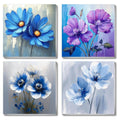 Four framed canvas prints of abstract floral paintings in blue and purple hues.
