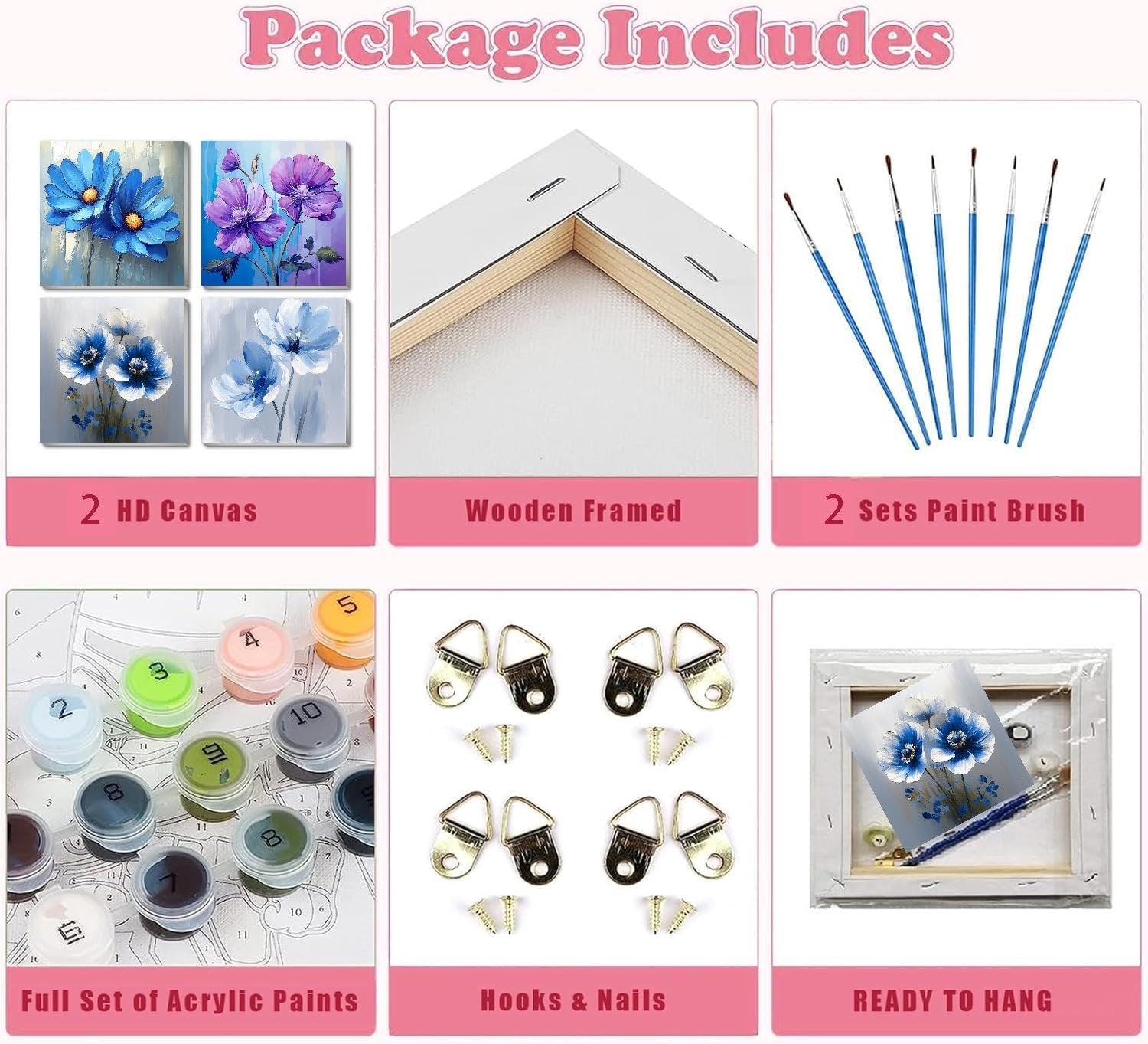 Paint by numbers kit contents: four floral canvas prints, wooden frame, paint brushes, acrylic paints, hooks, and nails.