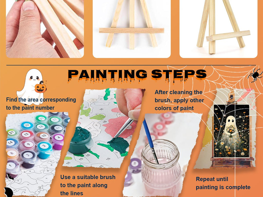 Paint by numbers kit instructions showing wooden easel, paint pots, brushes, and canvas with ghost design.