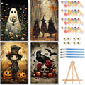 Collage of four Halloween-themed paint by numbers canvases, paint pots, brushes, hooks, and easel.