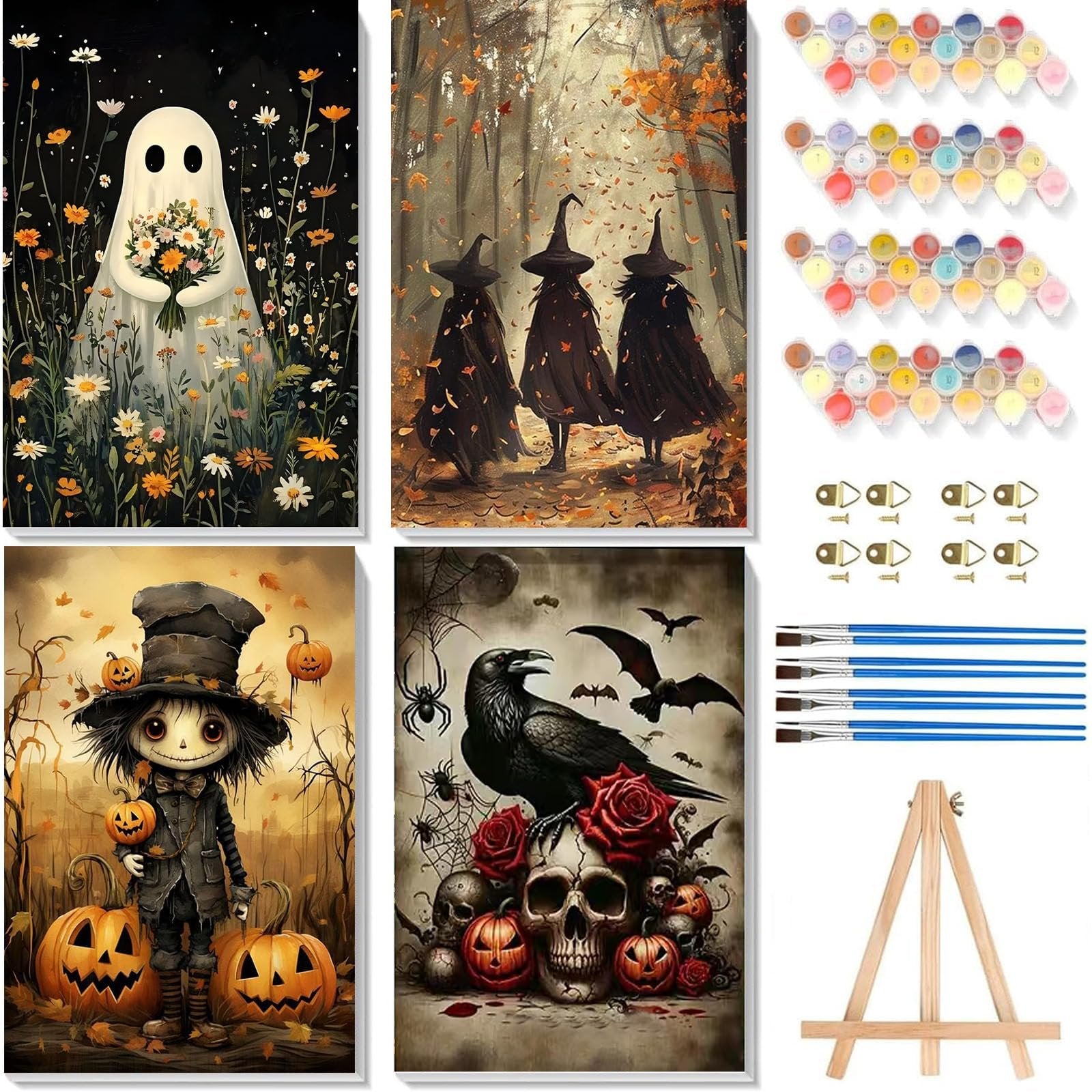 Collage of four Halloween-themed paint by numbers canvases, paint pots, brushes, hooks, and easel.