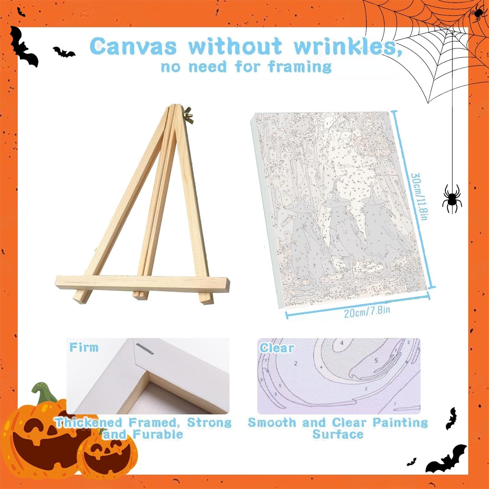 Paint by numbers kit components including a wooden easel and a framed canvas with numbered sections for painting.