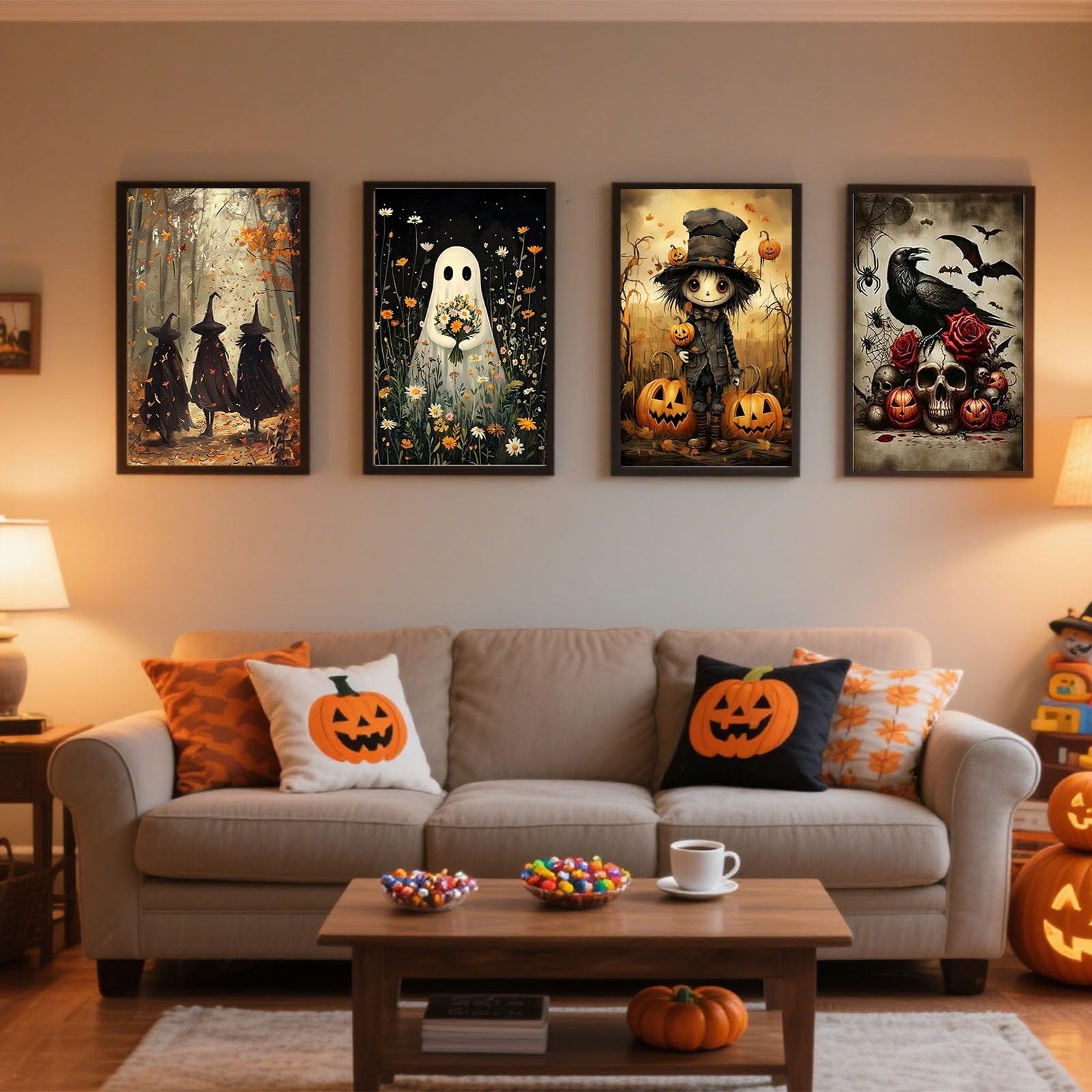 Living room scene with a couch decorated for Halloween, featuring four framed Halloween-themed paintings on the wall.