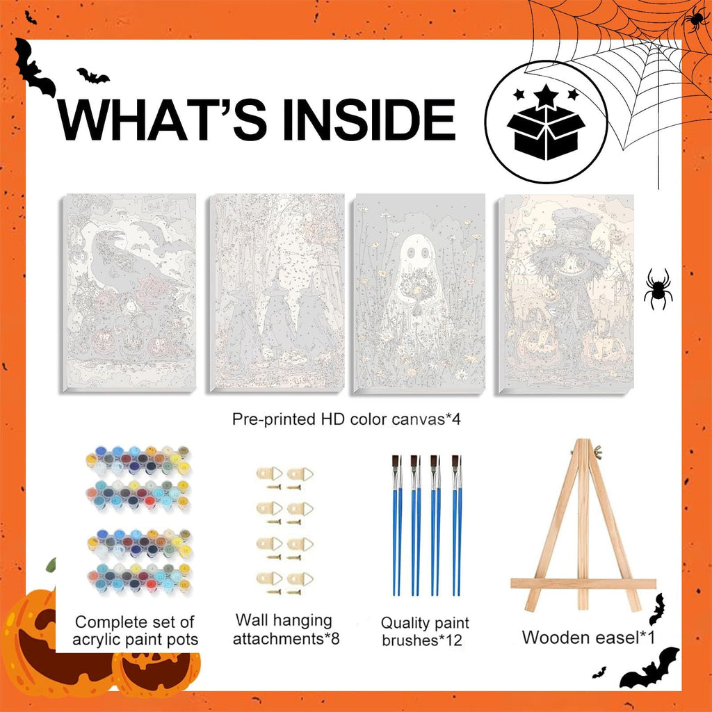 Paint by Numbers kit contents: four Halloween-themed canvases, acrylic paint pots, wall hanging attachments, paint brushes, and a wooden easel.