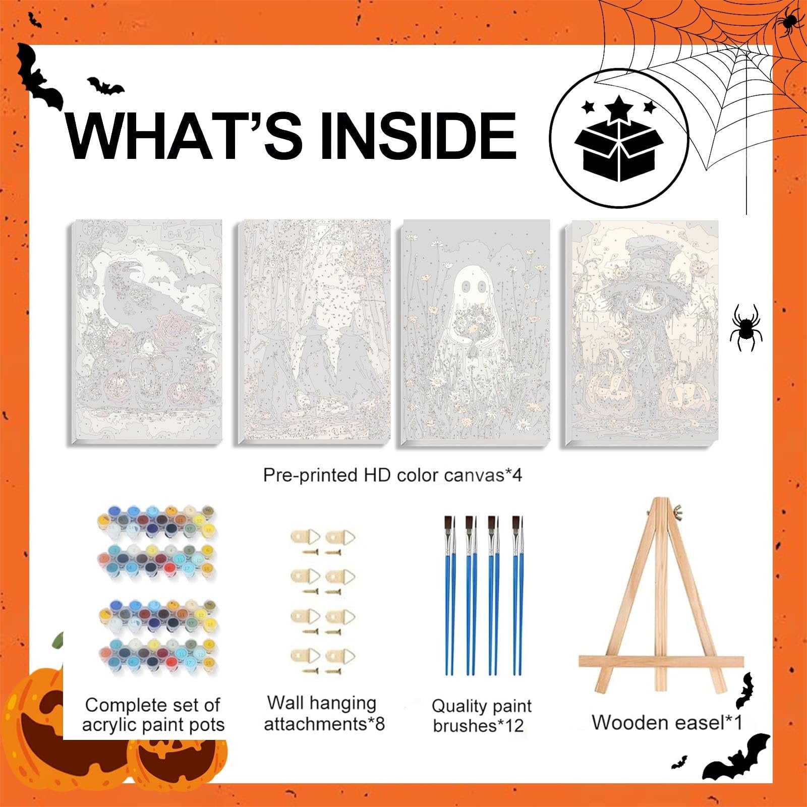 Paint by Numbers kit contents: four Halloween-themed canvases, acrylic paint pots, wall hanging attachments, paint brushes, and a wooden easel.