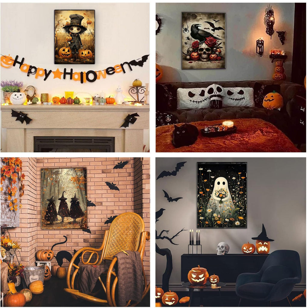Collage of four Halloween-themed living room decor scenes, each featuring a framed painting.