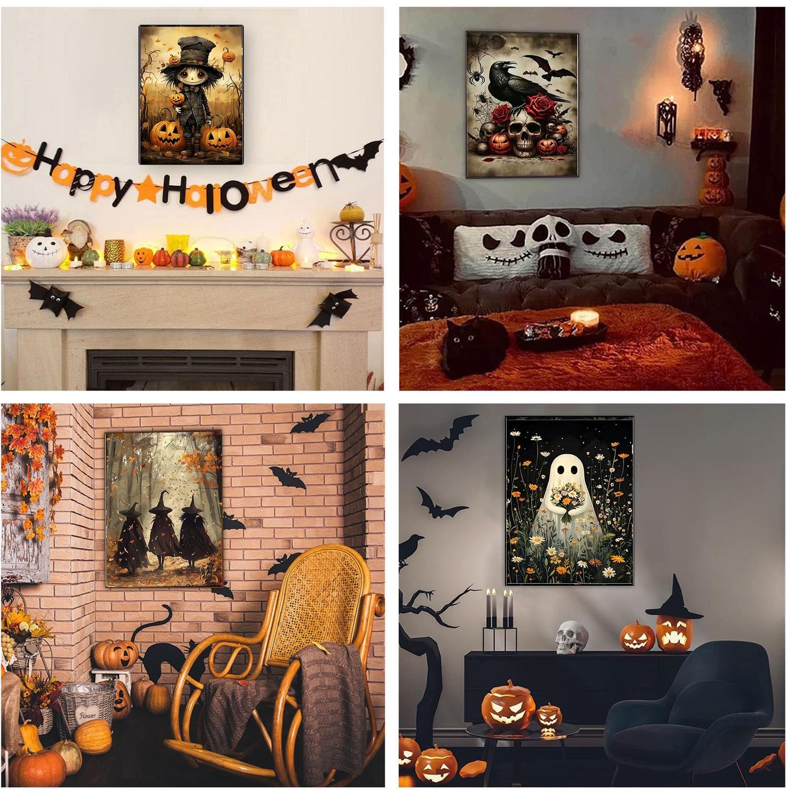Collage of four Halloween-themed living room decor scenes, each featuring a framed painting.