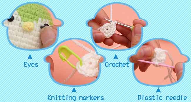 Crochet penguin kit assembly steps showing eyes, crochet hook, knitting markers, and plastic needle.