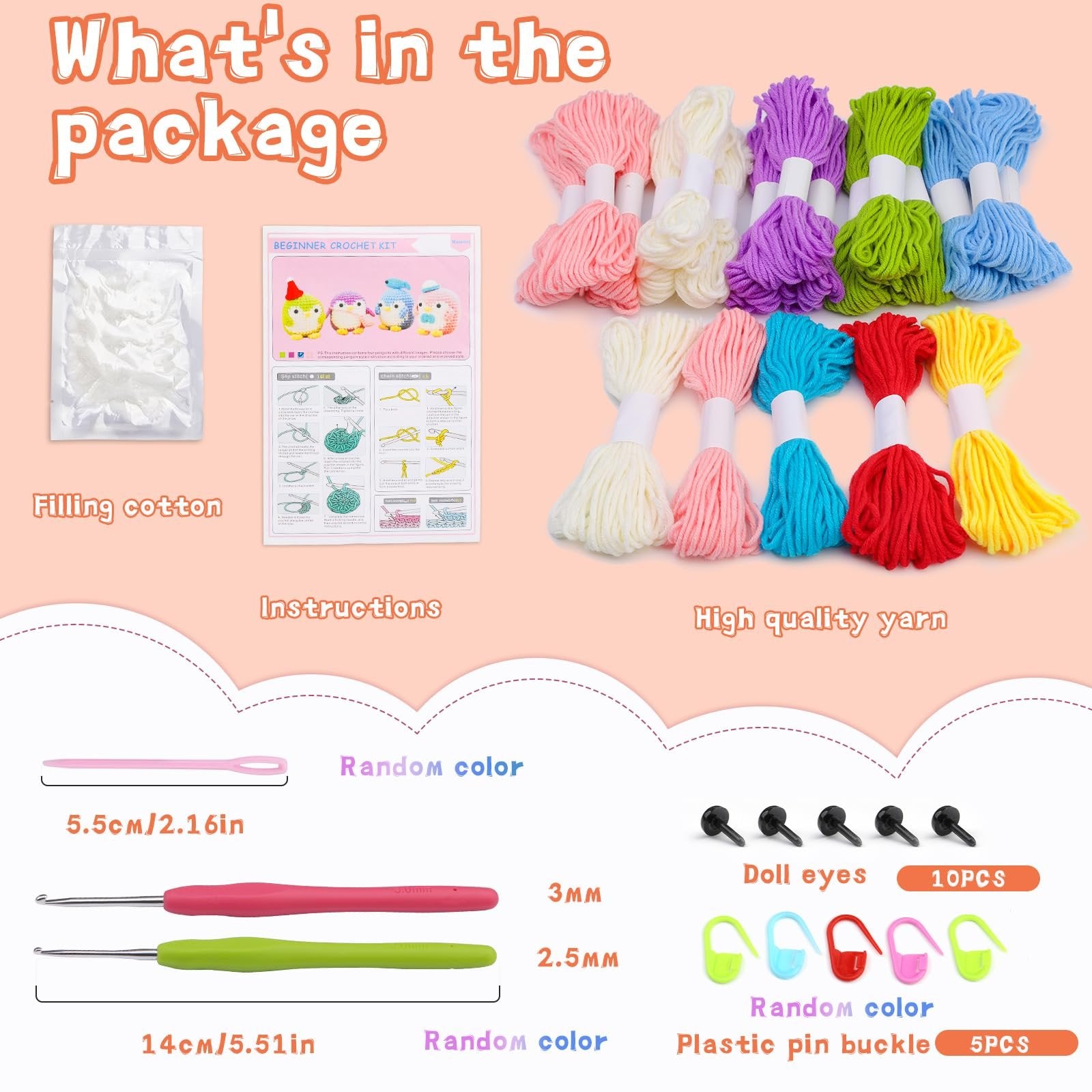 Contents of a beginner crochet kit including yarn, filling cotton, instructions, crochet hooks, doll eyes, and stitch markers.