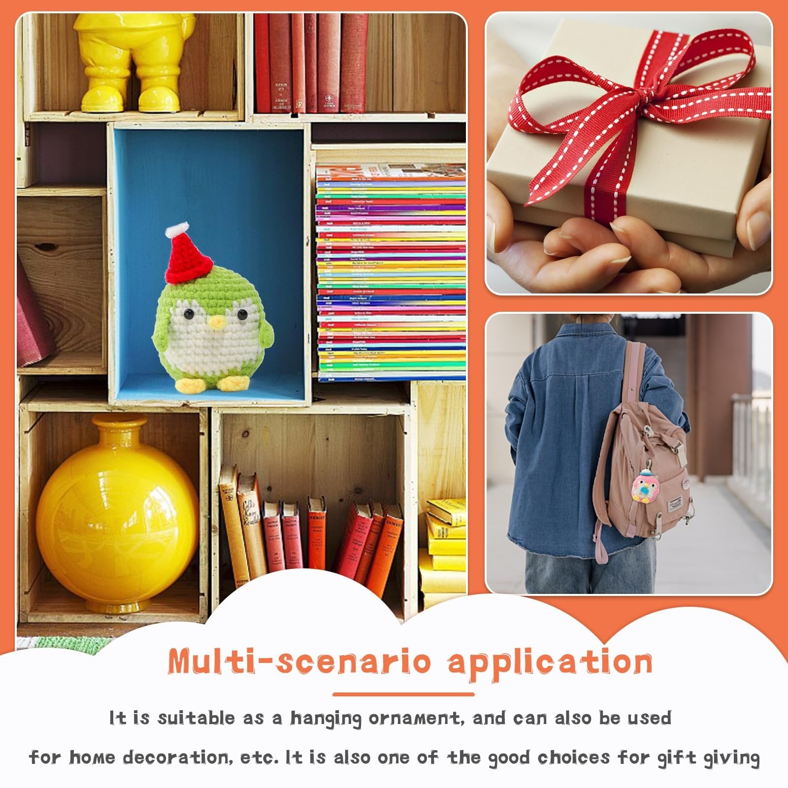 Collage of images showing a crocheted penguin with a Santa hat, hands holding a gift, and a person with a backpack adorned with a small crocheted charm.