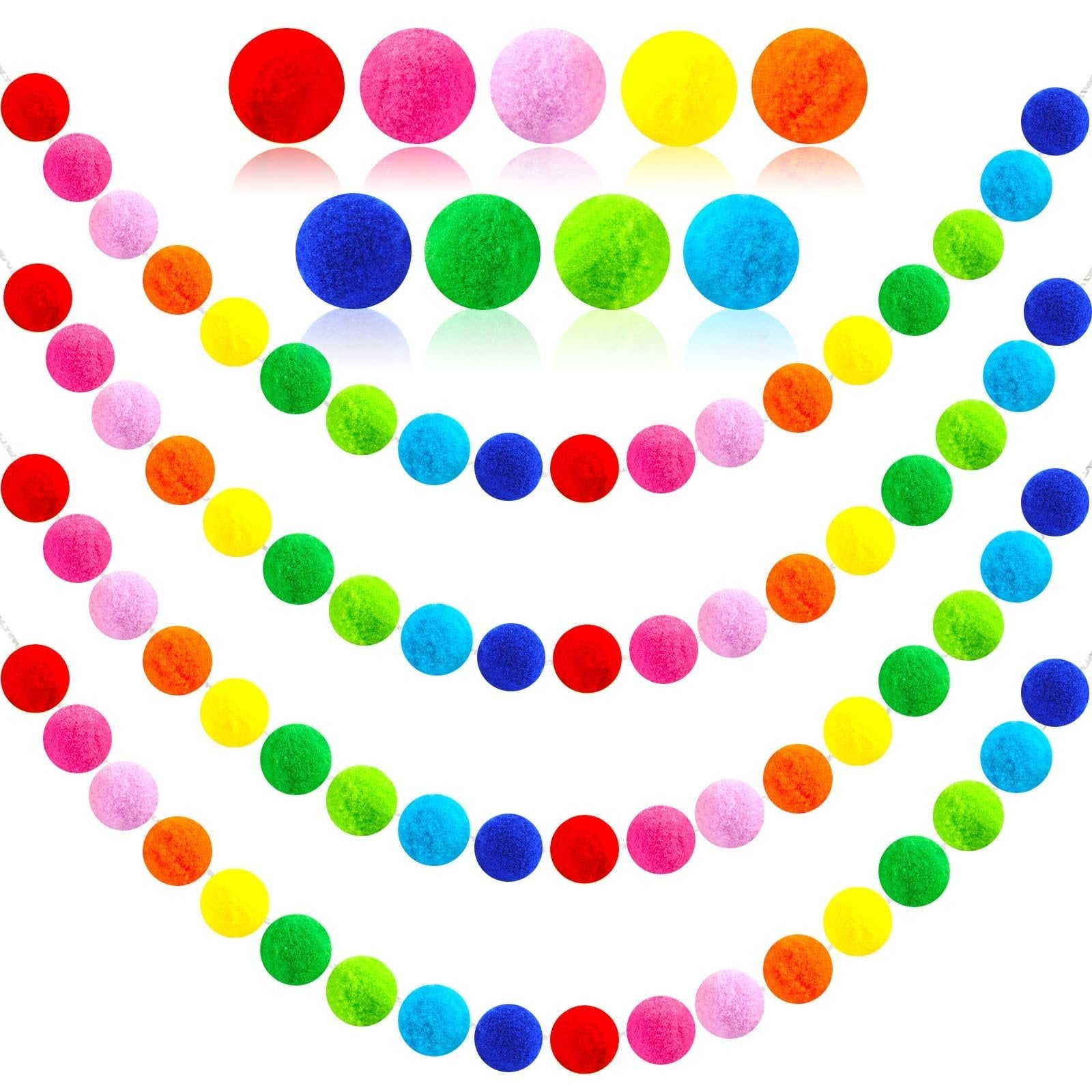 Four rainbow felt ball garlands with 30 balls each, displayed on a white background.
