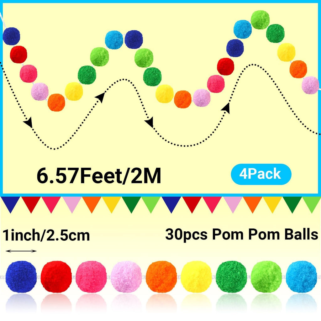 Rainbow pom pom garland with 30 balls each, 6.57 feet long, shown in a wavy pattern and a row of individual balls.