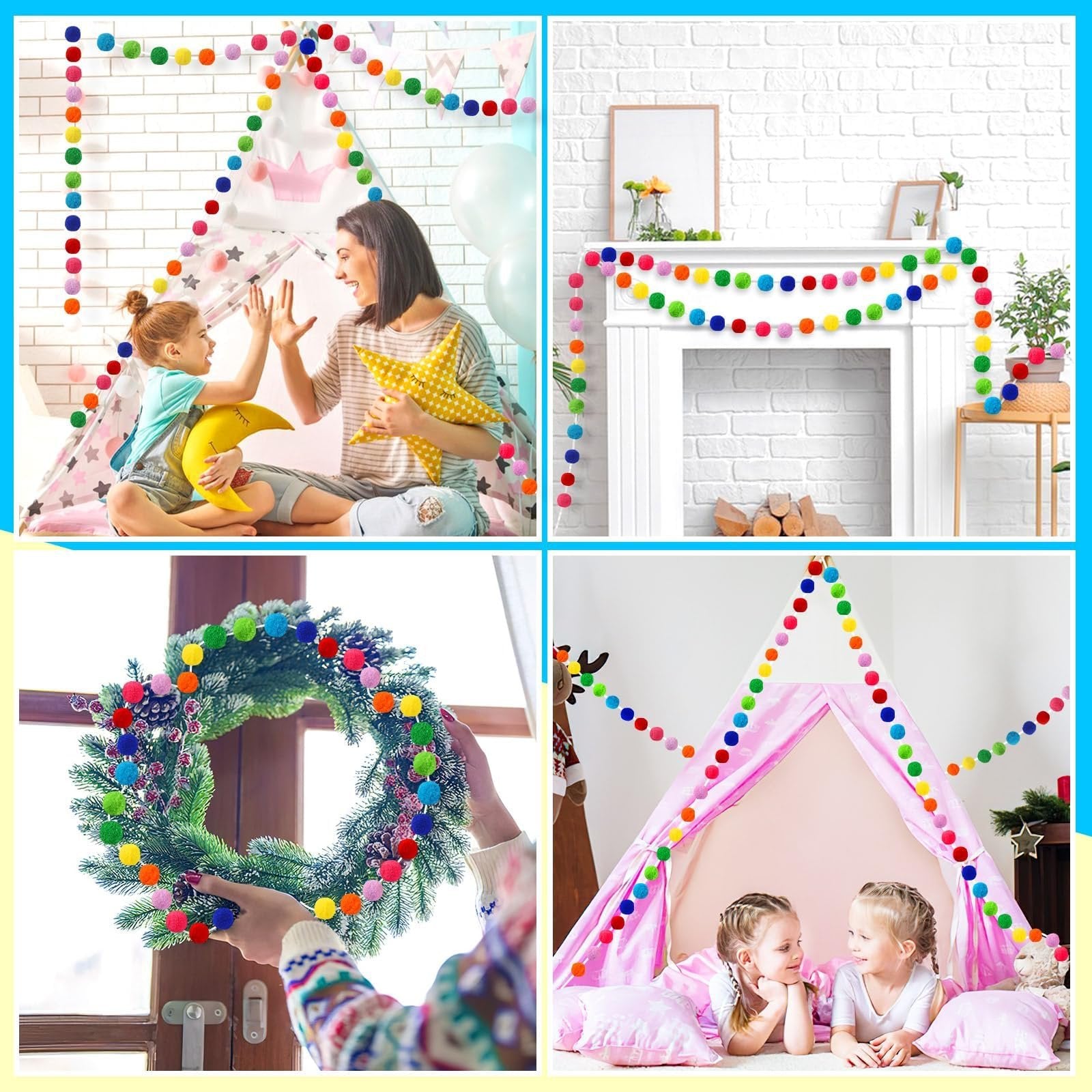 Four lifestyle images showing rainbow pom pom garlands decorating a play tent, a fireplace mantel, a Christmas wreath, and a child's bedroom.