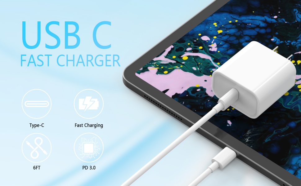 White USB C fast charger plugged into a tablet, with icons for Type-C, Fast Charging, 6FT, and PD 3.0.