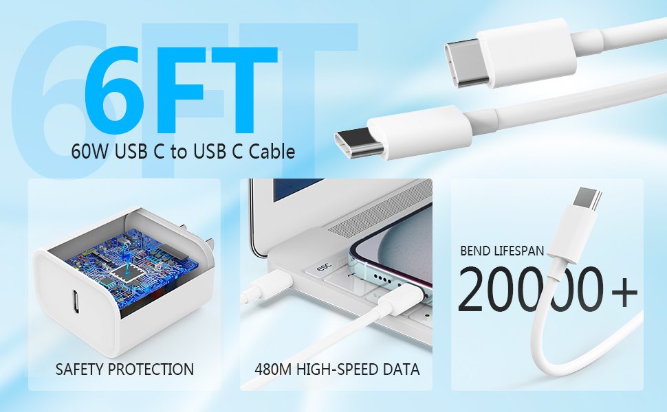 USB C wall charger and cables with 6ft length, 60W power, safety protection, 480M high-speed data, and 200,000+ bend lifespan.