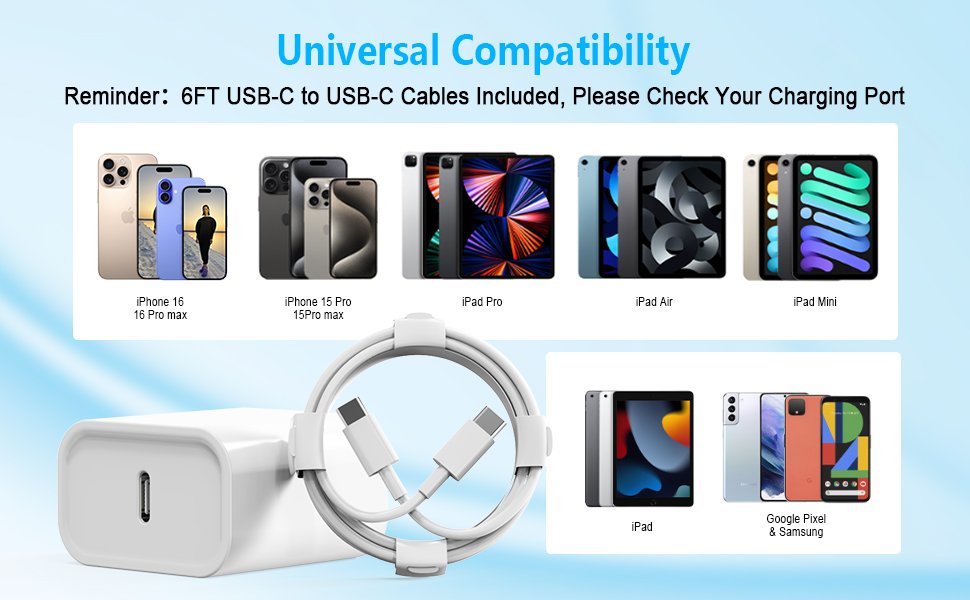 USB-C wall charger and cable shown with compatible Apple and Android devices like iPhones, iPads, and Samsung phones.