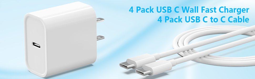 White USB C wall charger and two white USB C to C cables on a light blue gradient background.