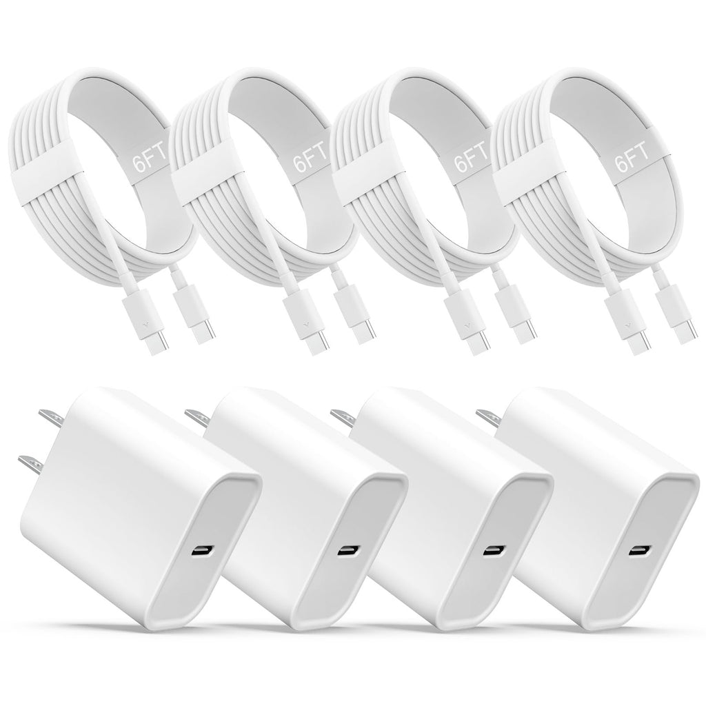 Four white USB-C wall chargers and four coiled white 6ft USB-C cables arranged on a white background.