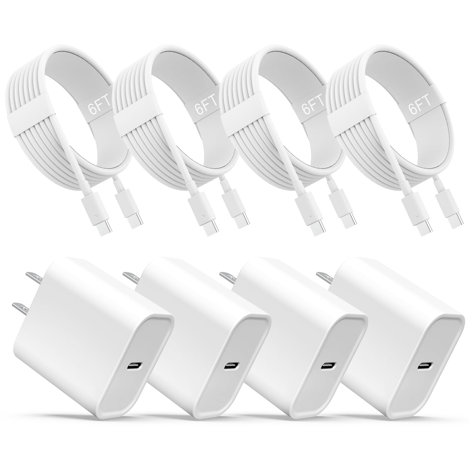 Four white USB-C wall chargers and four coiled white 6ft USB-C cables arranged on a white background.