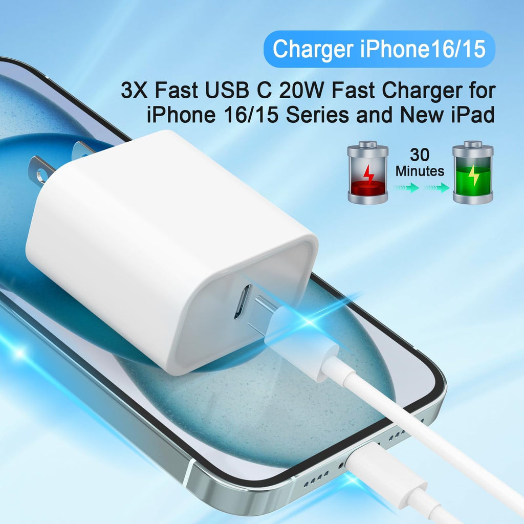 White USB C wall charger plugged into a smartphone with a white cable connected. Two battery icons show charging progress.