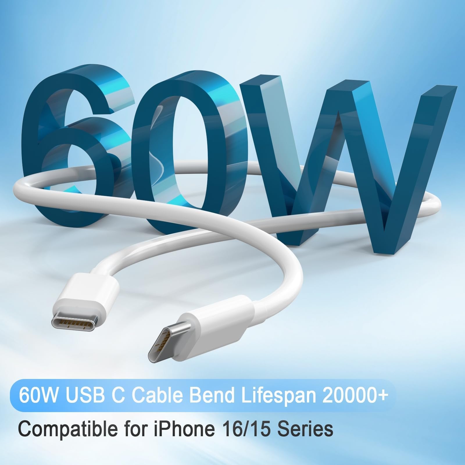 Two white USB C cables with large blue 3D "60W" text in the background on a light blue gradient.