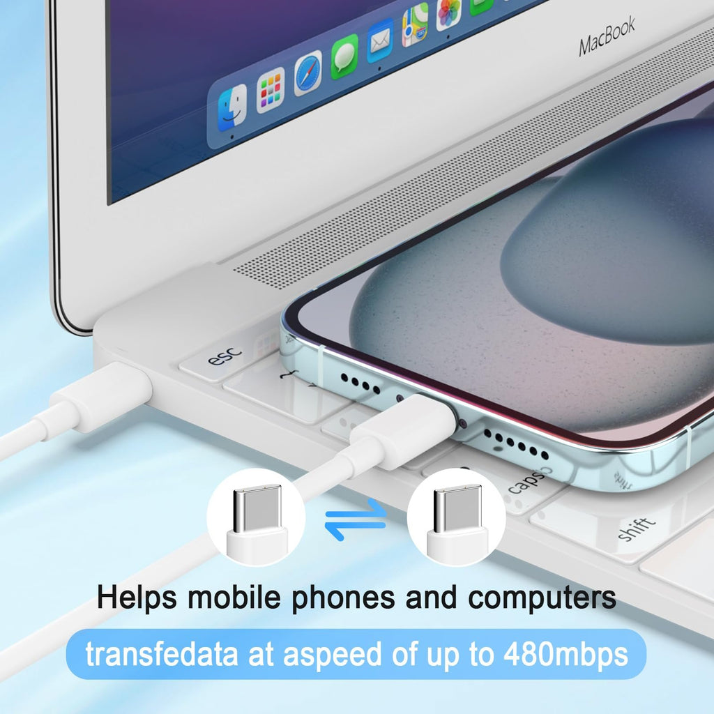 White USB-C cable connecting a smartphone to a laptop keyboard, showing data transfer capability.
