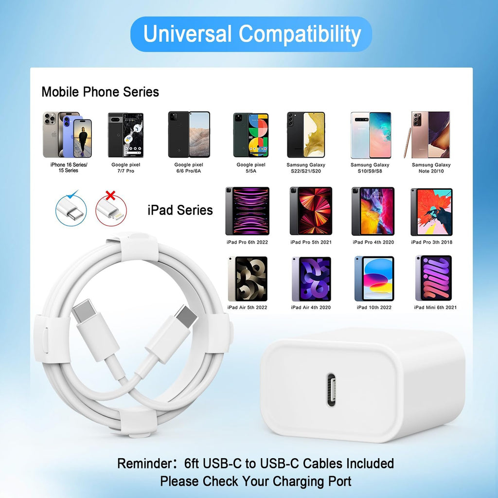 USB-C wall charger and 6ft cable shown with compatibility list of phones and iPads