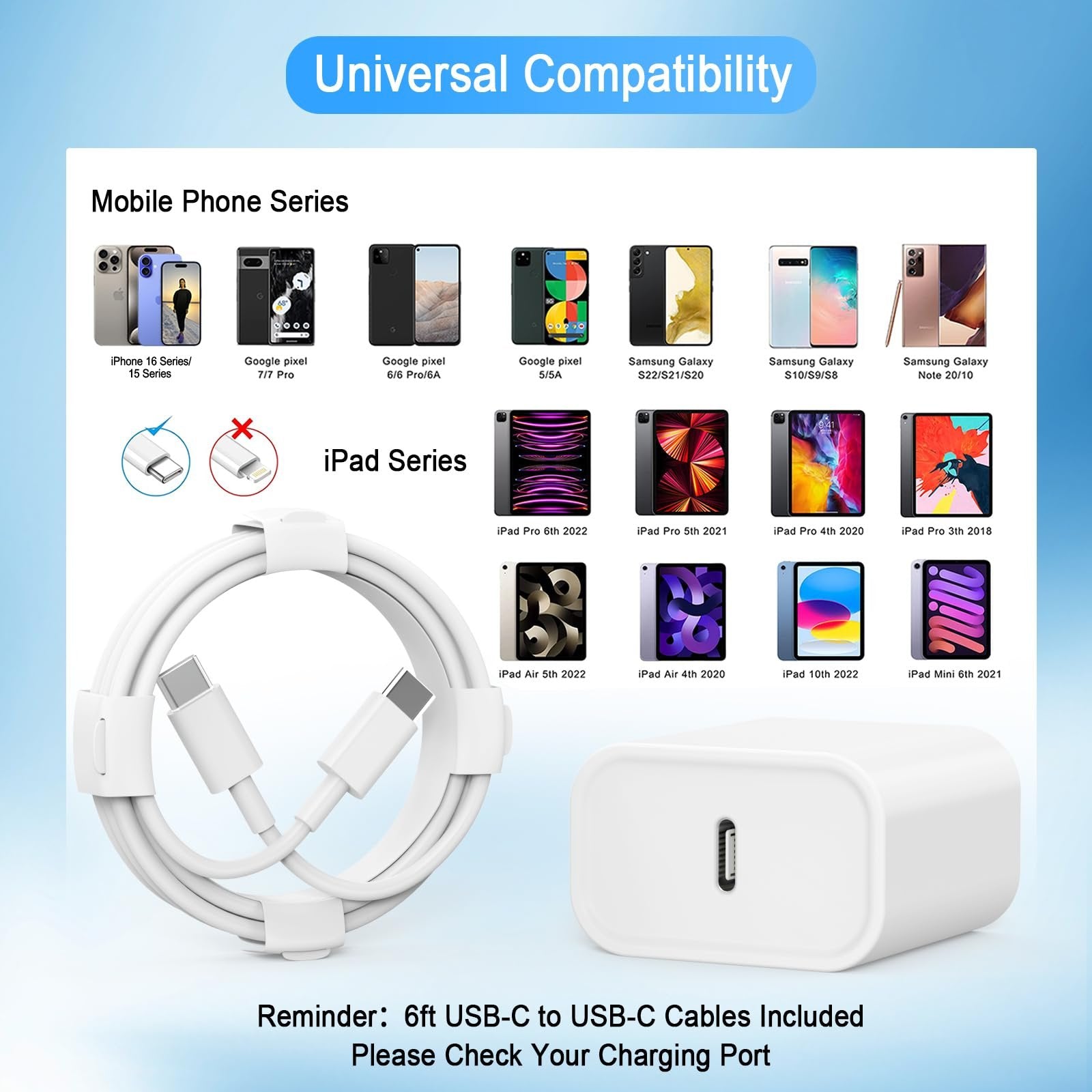 USB-C wall charger and 6ft cable shown with compatibility list of phones and iPads