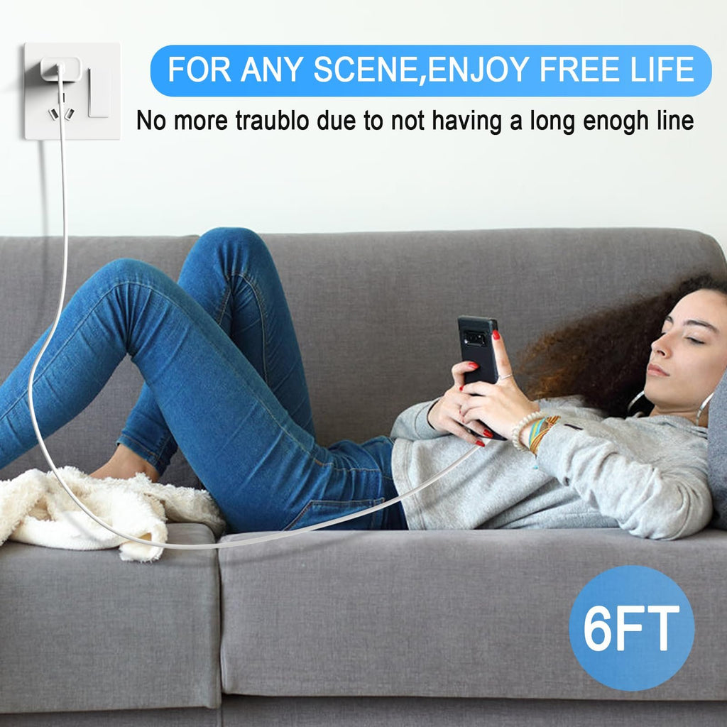 Woman relaxing on a couch using a smartphone connected to a wall charger via a long USB-C cable.