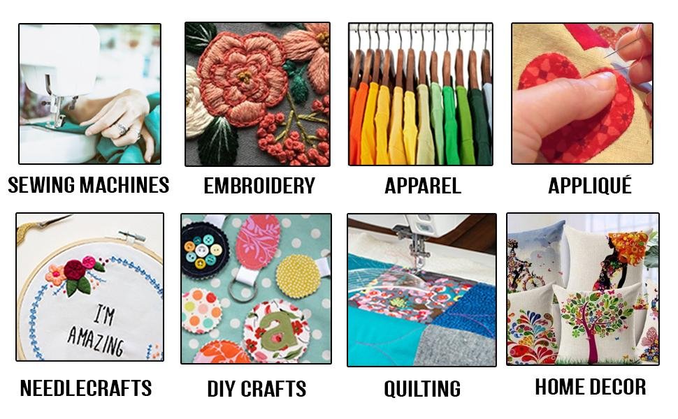 Collage of sewing and craft images including sewing machines, embroidery, apparel, appliqué, needlecrafts, DIY crafts, quilting, and home decor.