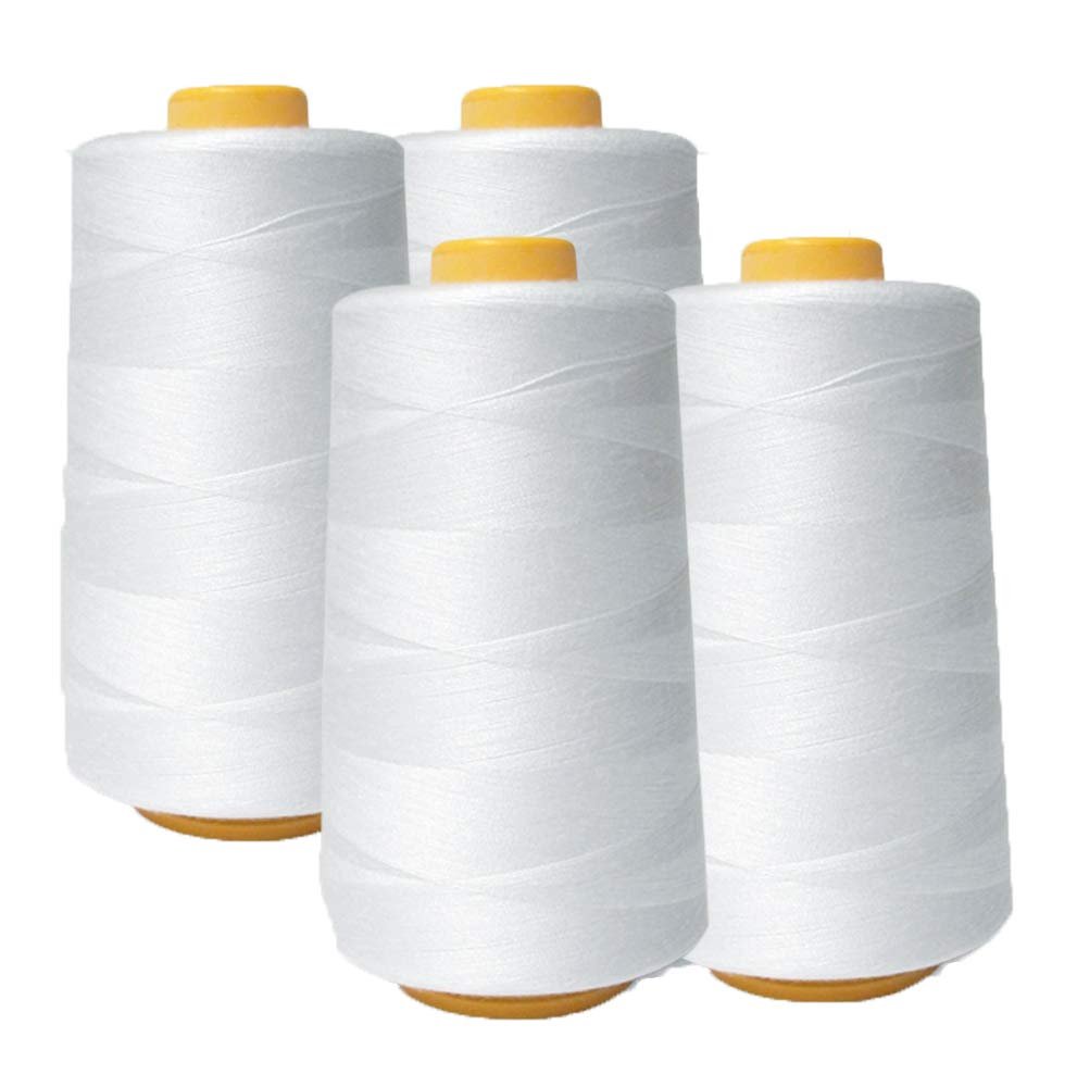 Four white polyester sewing thread cones with yellow caps on a white background.