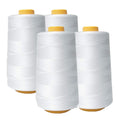 Four white polyester sewing thread cones with yellow caps on a white background.