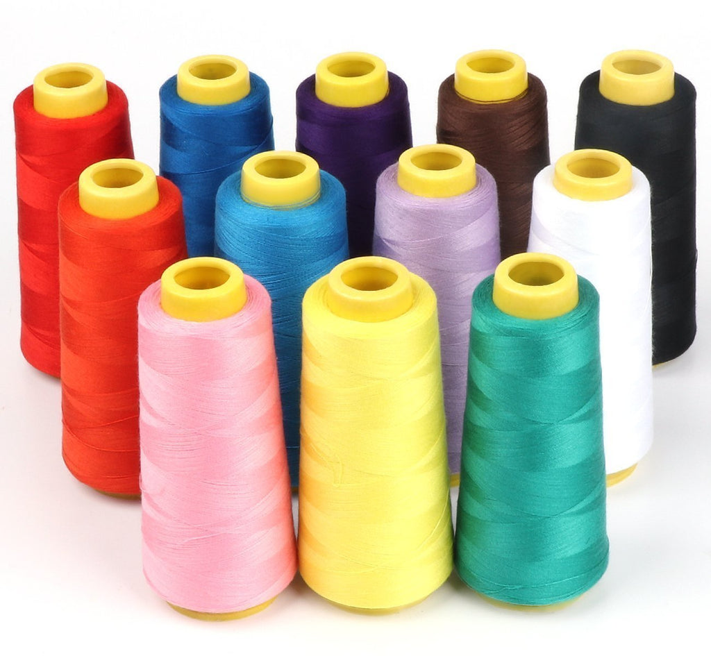 Assortment of colorful polyester sewing thread cones on a white background, arranged in rows.