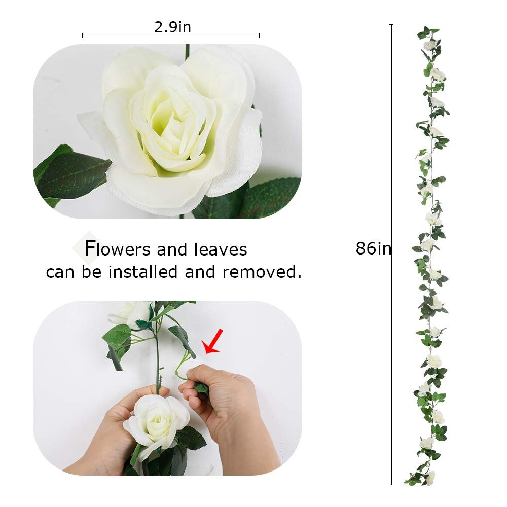 White artificial rose vine garland with green leaves, showing close-up of a rose and hands attaching leaves, with overall garland length indicated.
