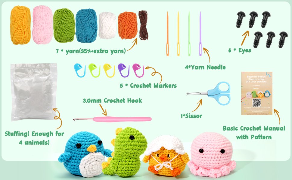Crochet kit contents including yarn, stuffing, hook, needles, markers, scissors, eyes, and finished plush toys.