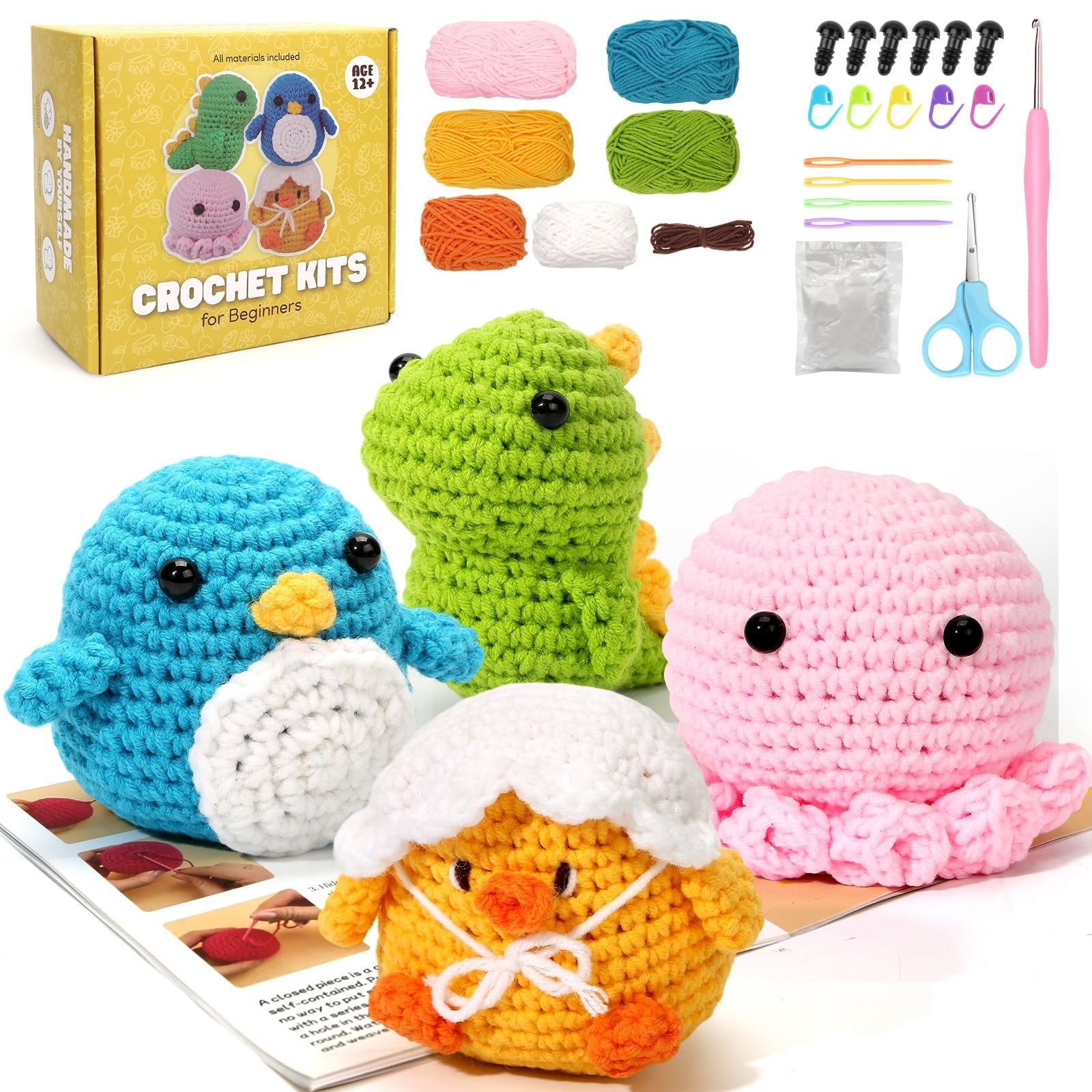 Beginner crochet kit contents including yarn, hook, stuffing, needles, eyes, stitch markers, scissors, and four finished amigurumi figures: penguin, dinosaur, octopus, and chick.
