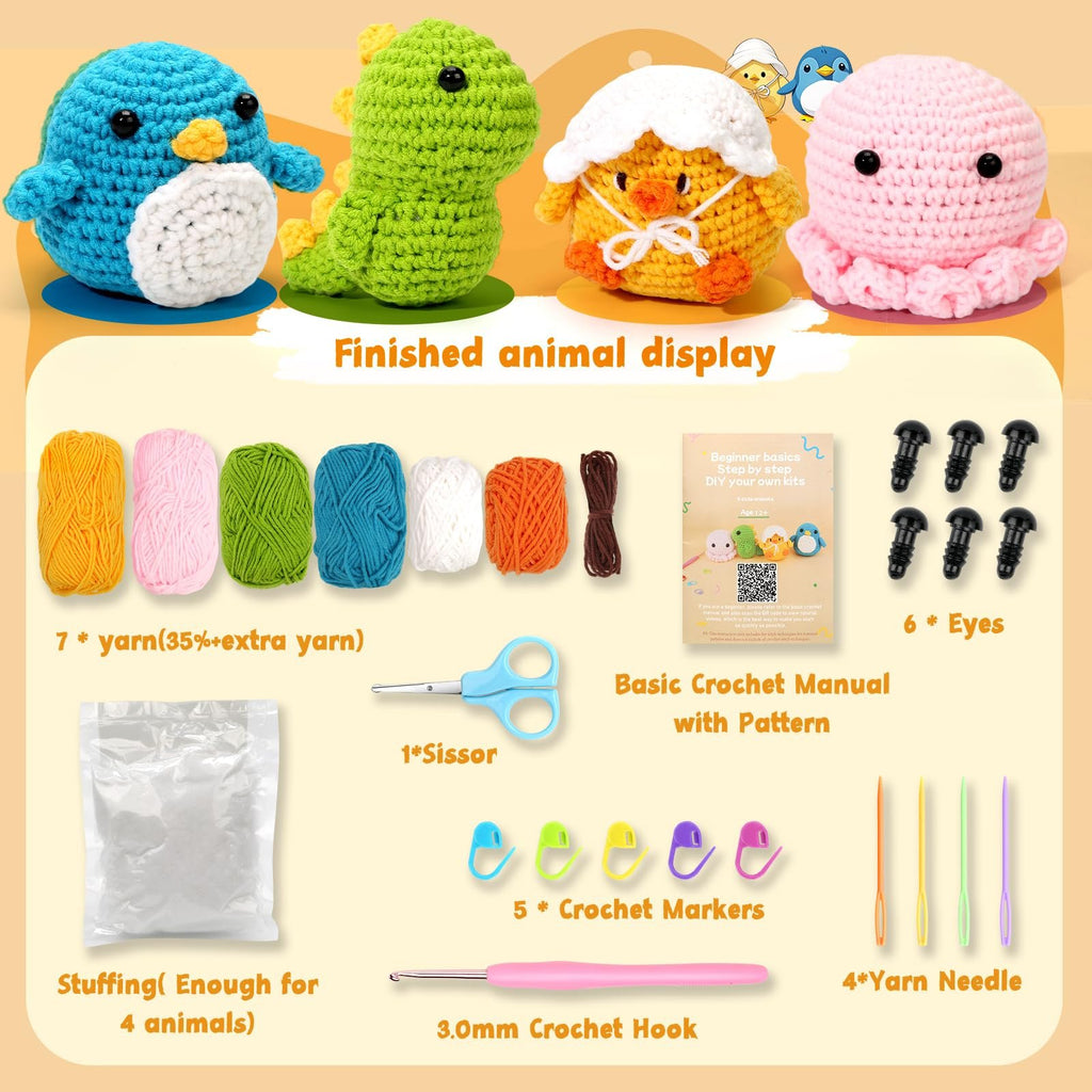 Crochet kit contents including yarn, stuffing, scissors, crochet hook, yarn needles, stitch markers, and eyes, with finished animal examples.